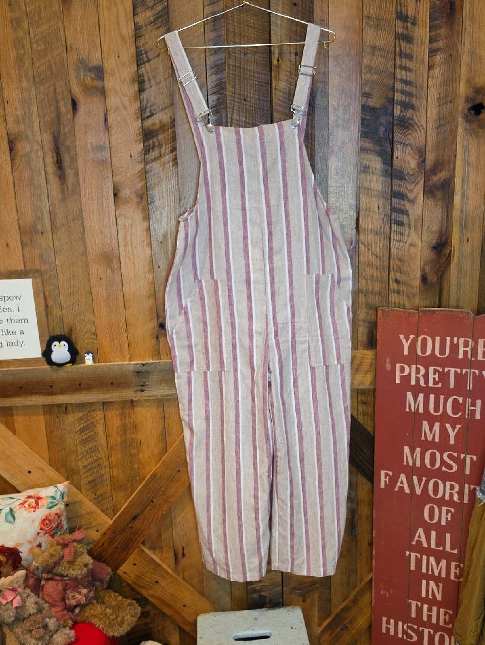 061p Zia Brand Striped Cotton Linen Overalls - Red Stripe